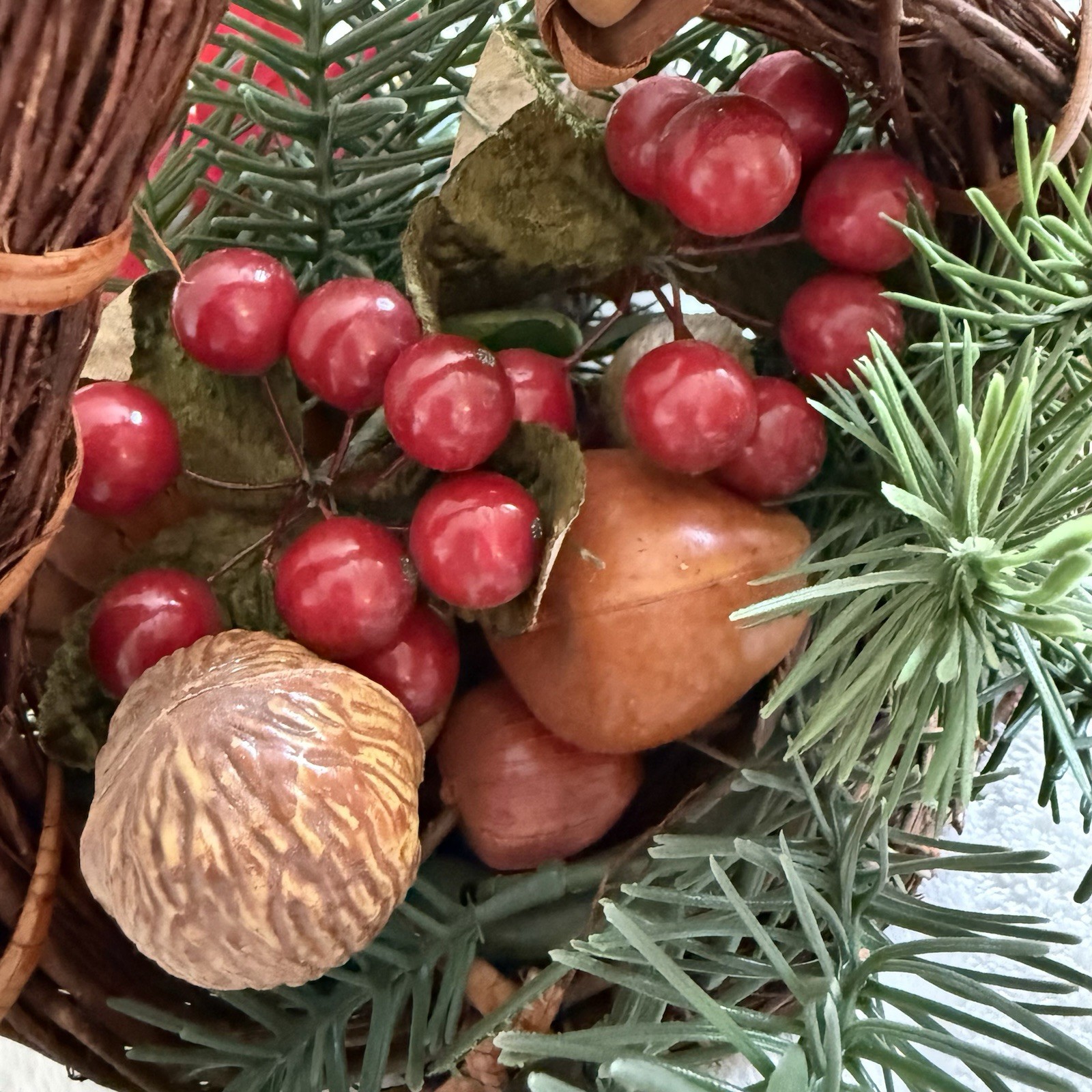 Artificial Christmas Centerpiece Table Top Decoration Poinsettia Nuts VTG Rustic