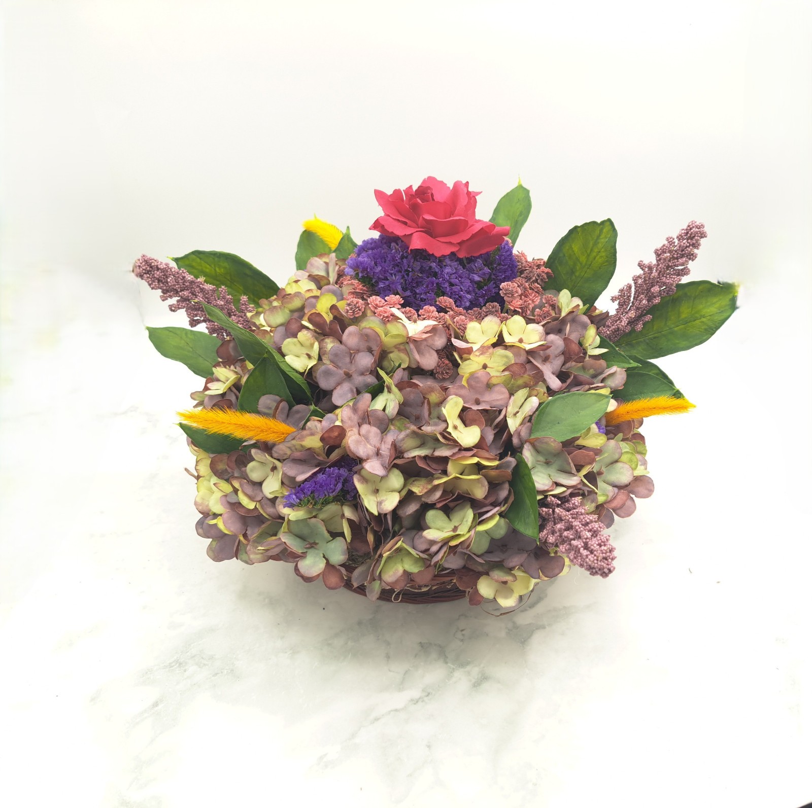 Handmade Hydrangea & Rose Dried/Silk Flower Arrangement w/ Vintage Basket