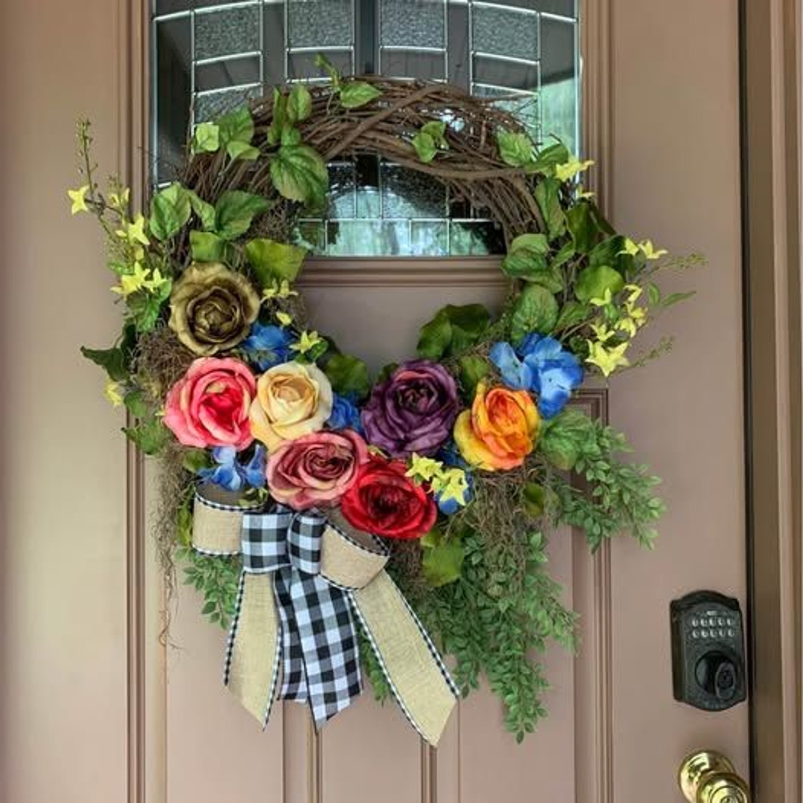 Floral Summer Roses Wreath for Spring Summer with Buffalo Check Bow 26 inch
