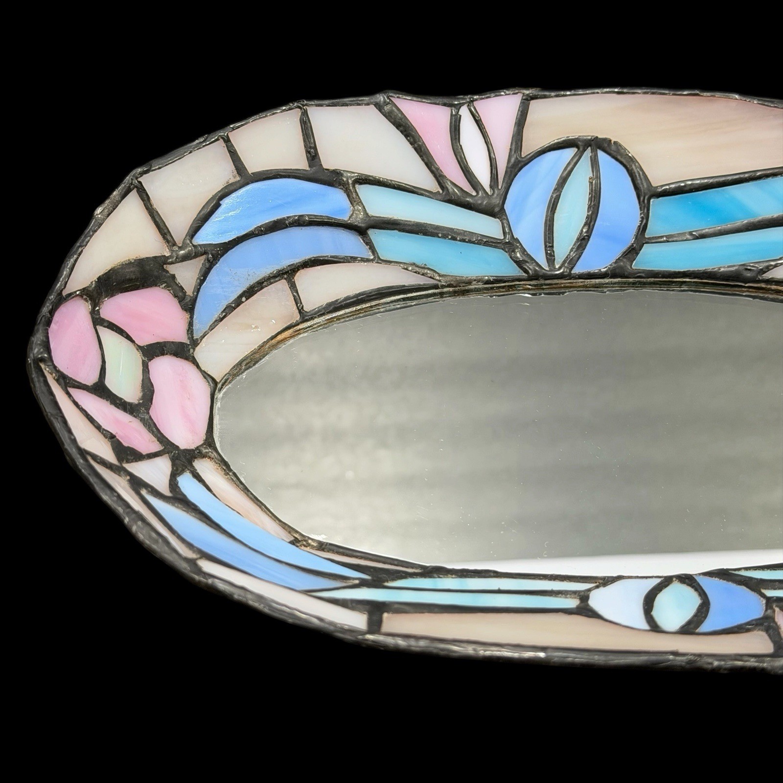 Pastel Stained Glass Style Vanity Mirror Tray Jewelry Dish Art Deco Decor