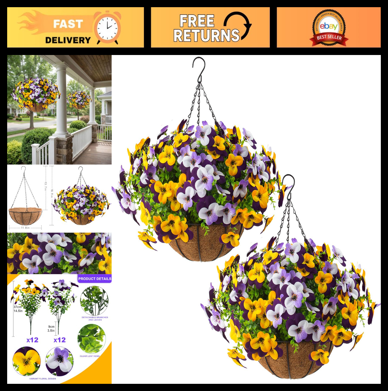 2 Set Artificial Pansy Flowers with Hanging Baskets – Silk Floral Decor for Spri