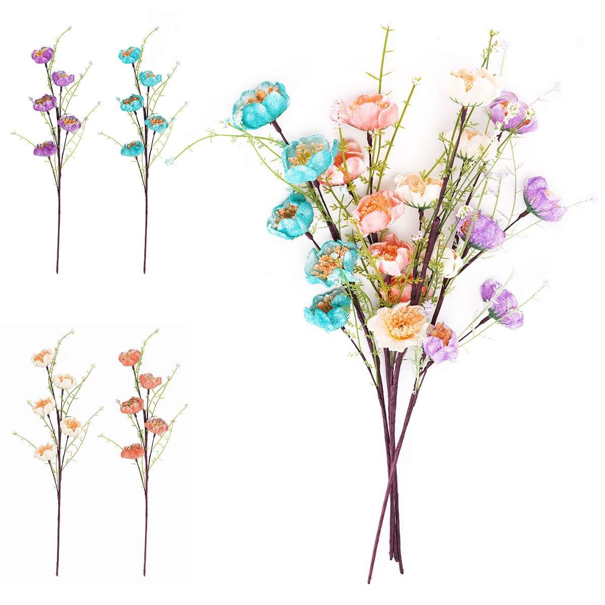 Glitter Artificial Poppy Stems Multicolor Floral Branches Home Vase Table Decor
