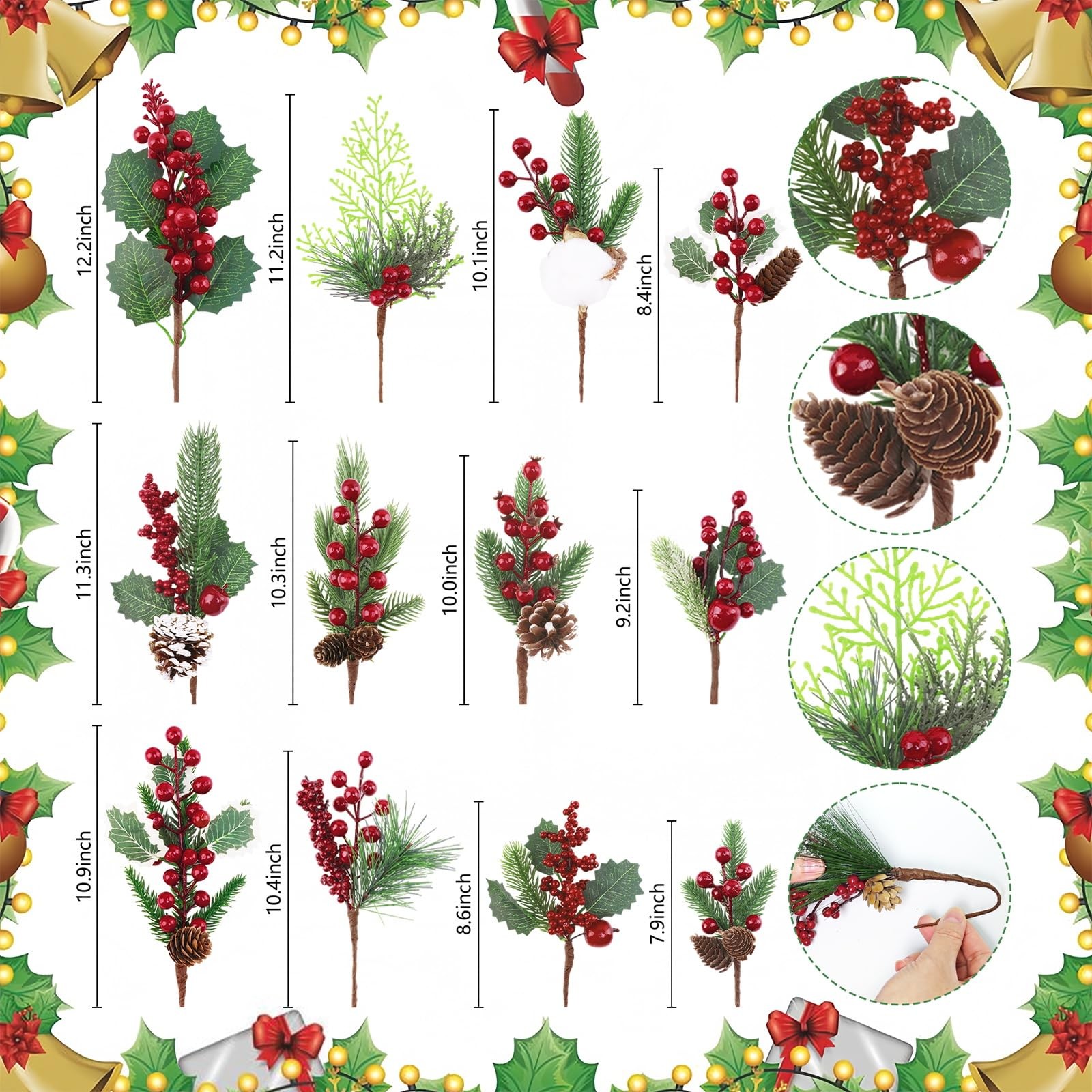 Christmas Picks and Sprays Artificial Pine Needles Branches Berries Red Stems…