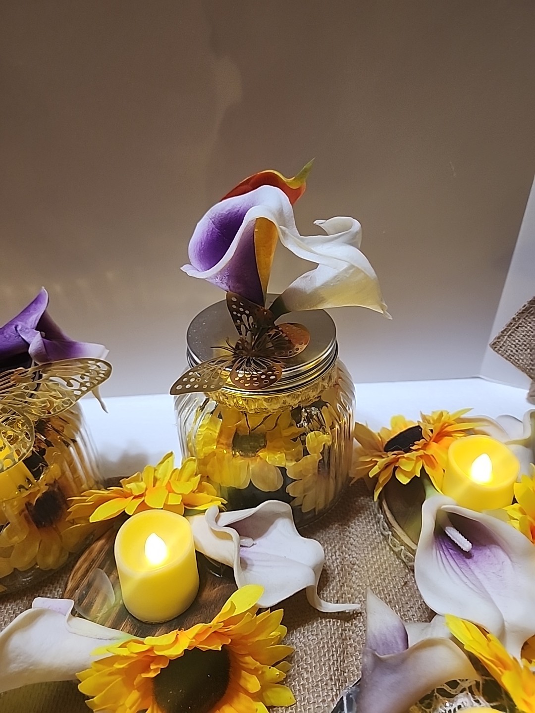 Sunflower Display W/ Lights 70 Inch Burlap 3 Canning Jar 10 Floral Candle Holder