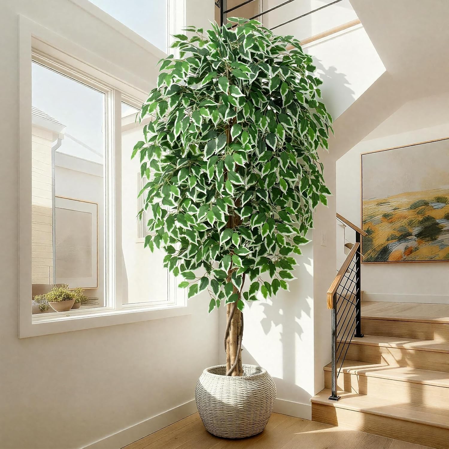 6.2ft Ficus Artificial Trees with 3 Natural Curved Trunks, 74″ Tall Lush Faux