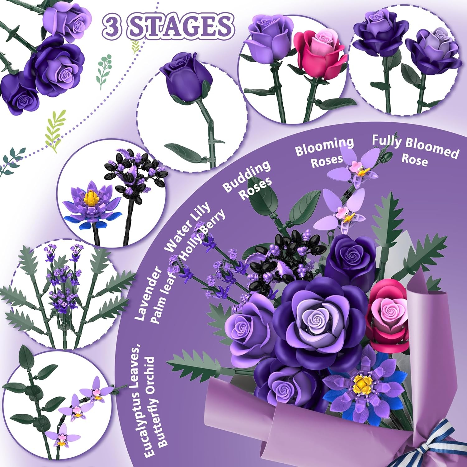 Purple Roses Flower Bouquet Building Sets, 834PCS Artificial Flowers Botanical C