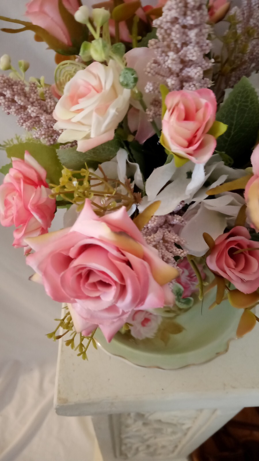 Vintage Lefton Bowl And Pitcher Filled With Beautiful Silk Flower Arrangement