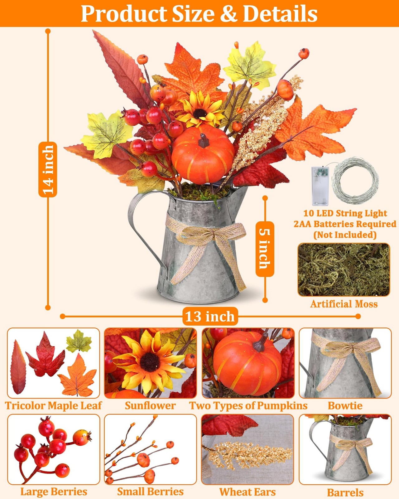 [Light & Timer] Fall Decor Table Centerpiece Rustic Metal Milk Jug with Artif…