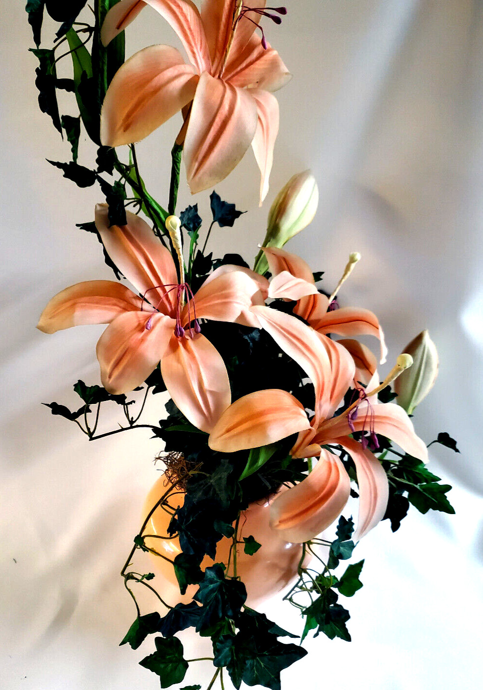 Peach Lillies & Ivy Silk Floral Centerpiece in Matching ceramic Vase