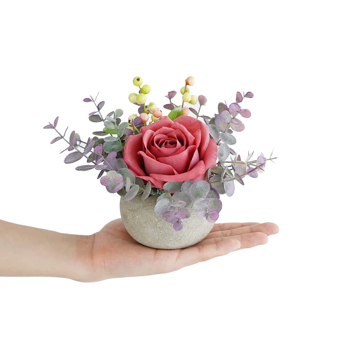 Artificial Flowers Kit with Pot Fake Silk Pink Roses Greenery Small Plant