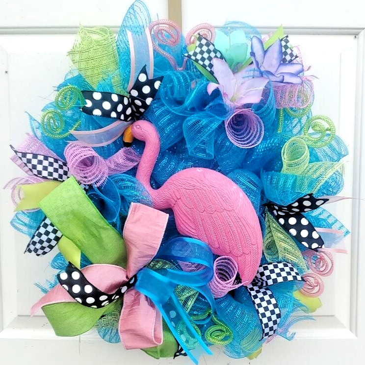 Spring Summer Pink Flamingo Wreath Large 24″ Handmade Deco Mesh Door Decoration
