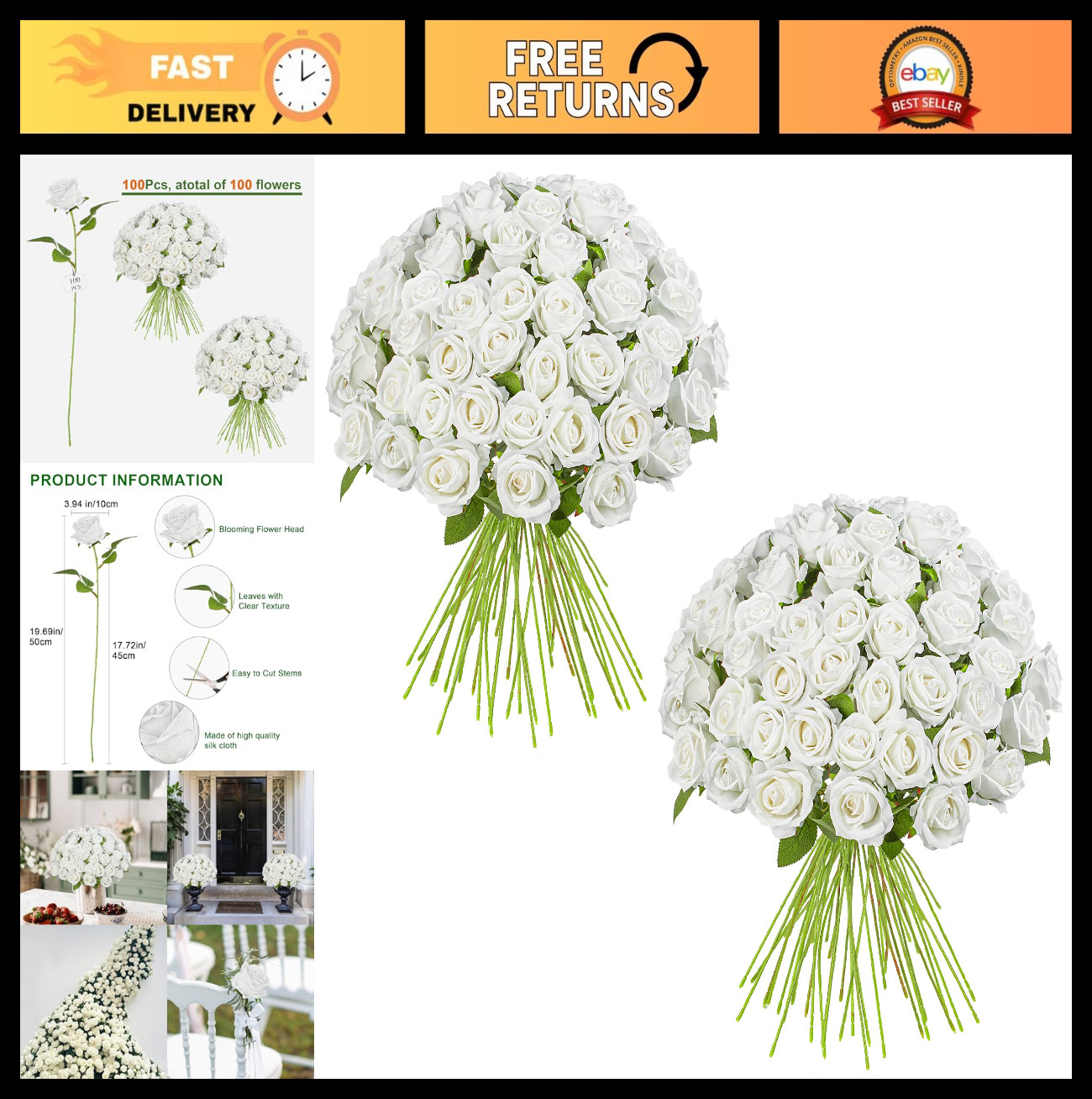 100PCS White Artificial Silk Roses Bouquet – Wedding Centerpieces, Home Decor, D