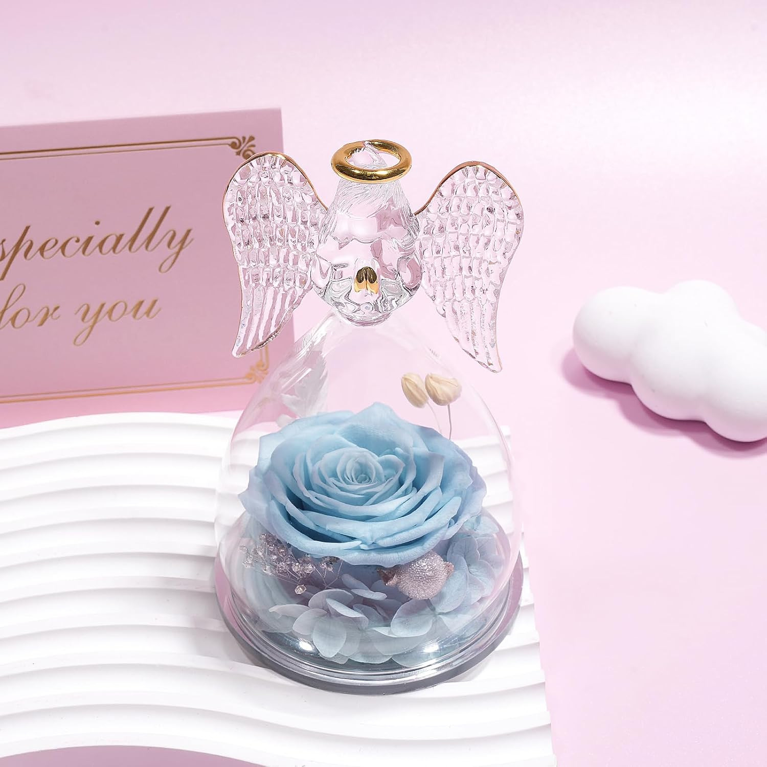 Yamonic Mom Birthday Gifts for Mom, Glass Angel Figurines Forever Real Rose Gift