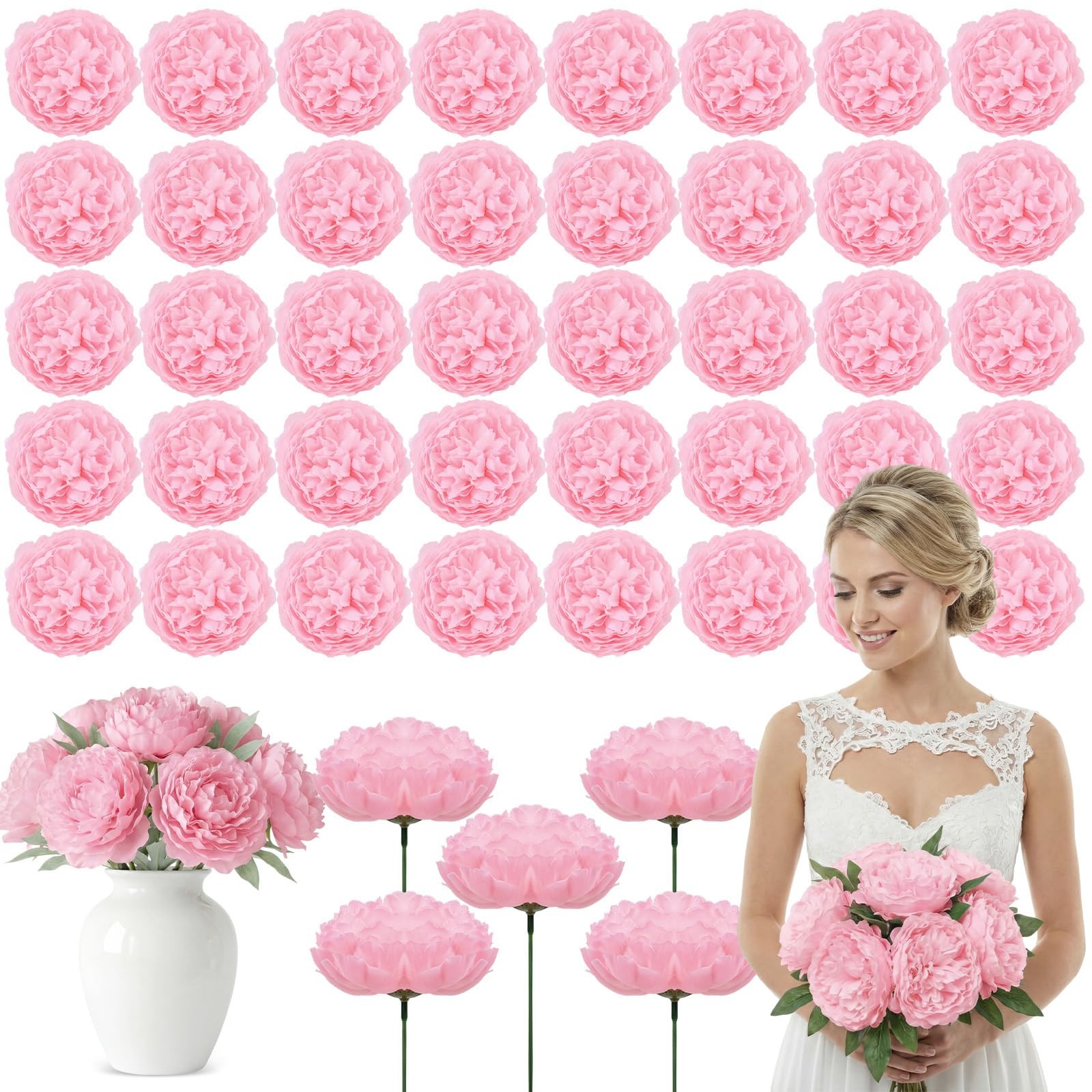 50 PCS Pink 4.7 Inch Artificial Peony Rose Flower Heads Silk Fake Bridal