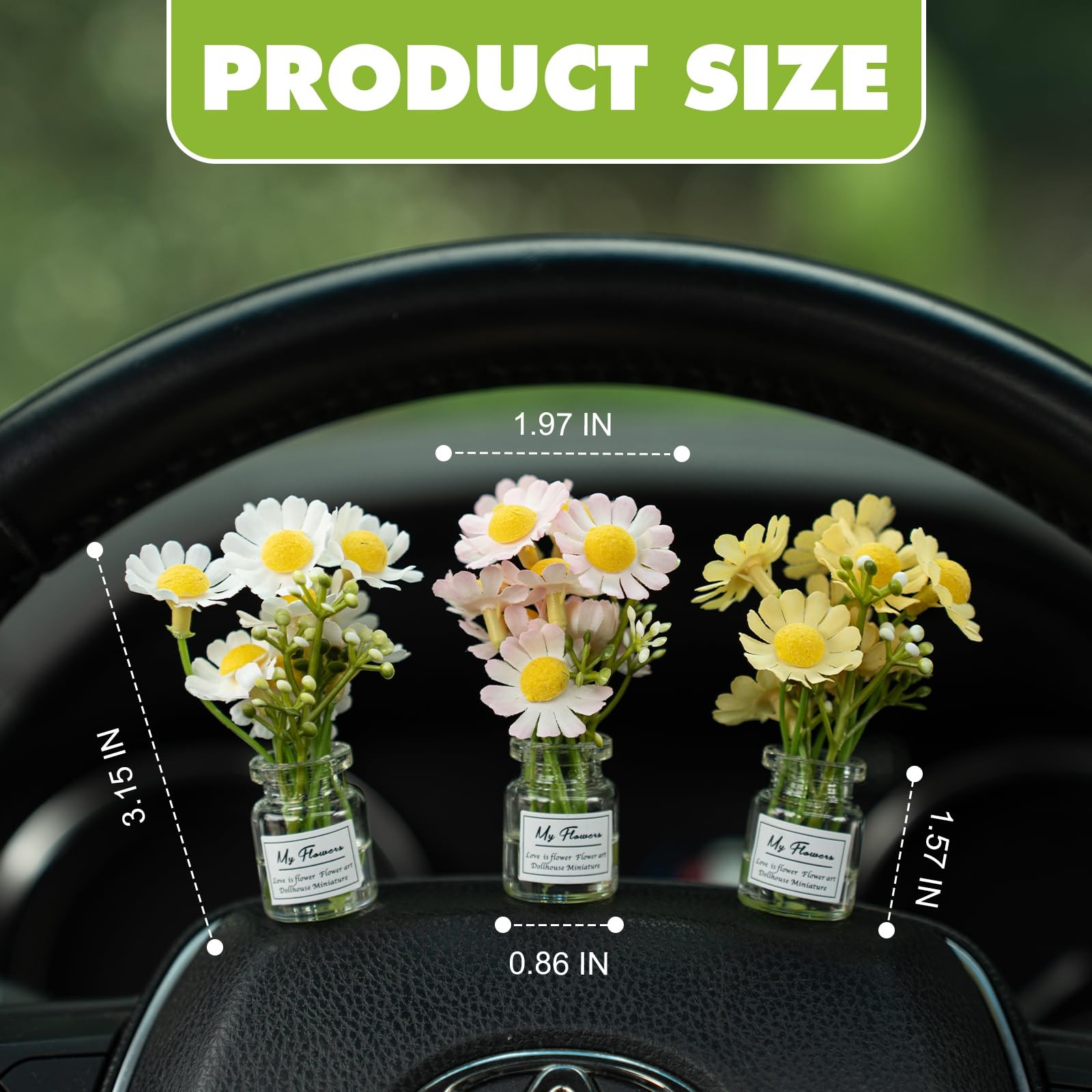 Daisy Flower Car Dashboard Decorations Vase Aesthetic Accessories 3 PCS