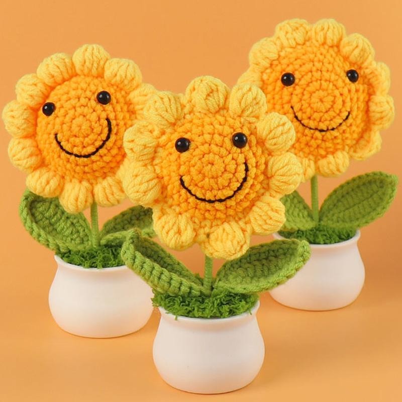 Crochet Sunflower Pot Artificial Knitted Flower Handmade Gift Wedding Decor