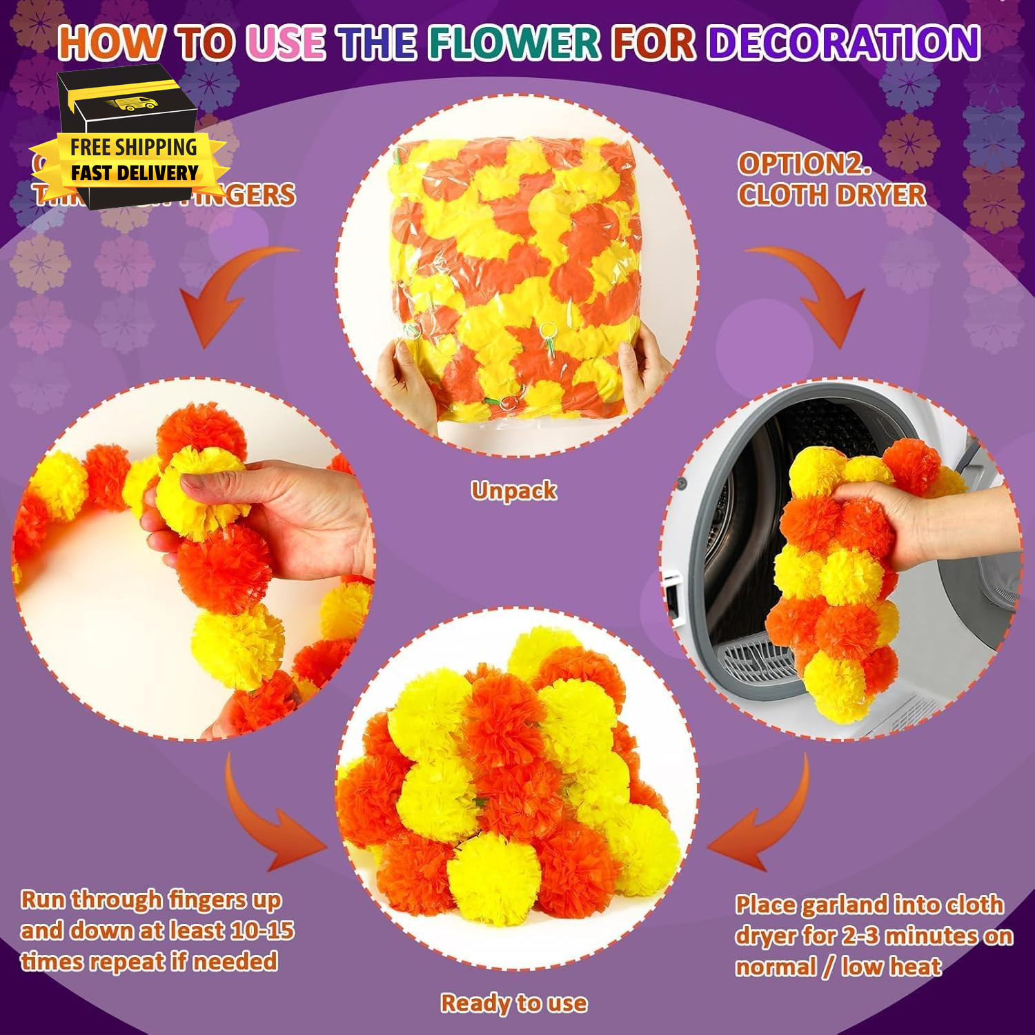 3 Pcs Marigold Garland for Decoration, 5 Feet Artificial Marigold Flowers Garlan