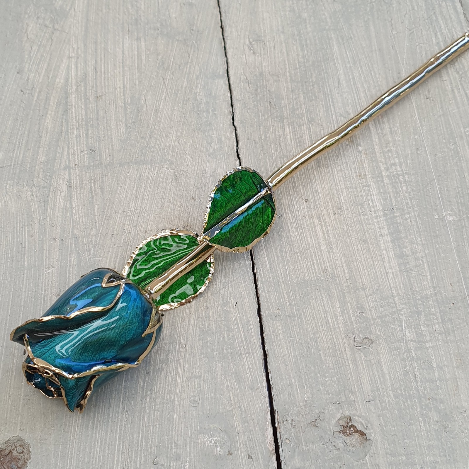 Long Stem Dipped 24k Gold Real Rose Teal Blue Enamel Coated Flower Elegant Decor