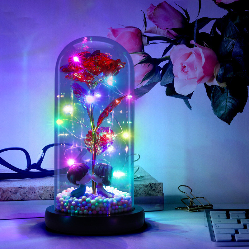 Rose Flower In Glass with LED Light Gifts For Her Valentine Girlfriend Birthday