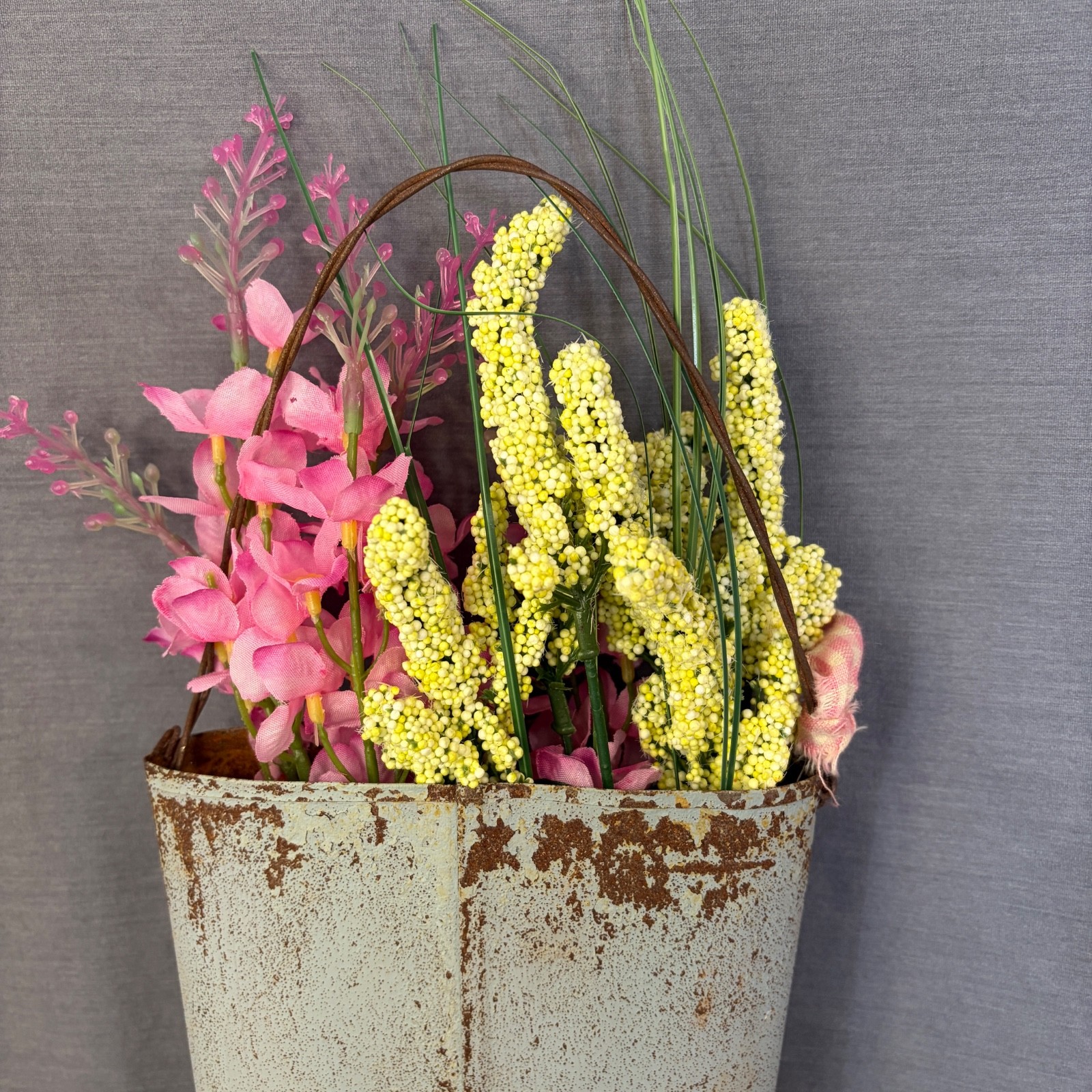 Bunny Rabbit Distressed Wood & Metal Wall Pocket Hanging Planter Spring Flowers