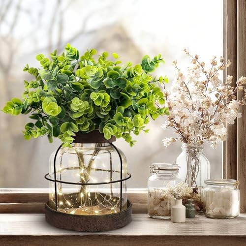 Rustic Farmhouse Glass Vases With Green Artificial Eucalyptus Plants Lights