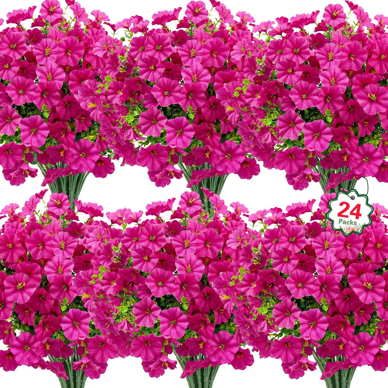 24 Pcs Artificial Petunias Flowers for Outdoors, Rose Red
