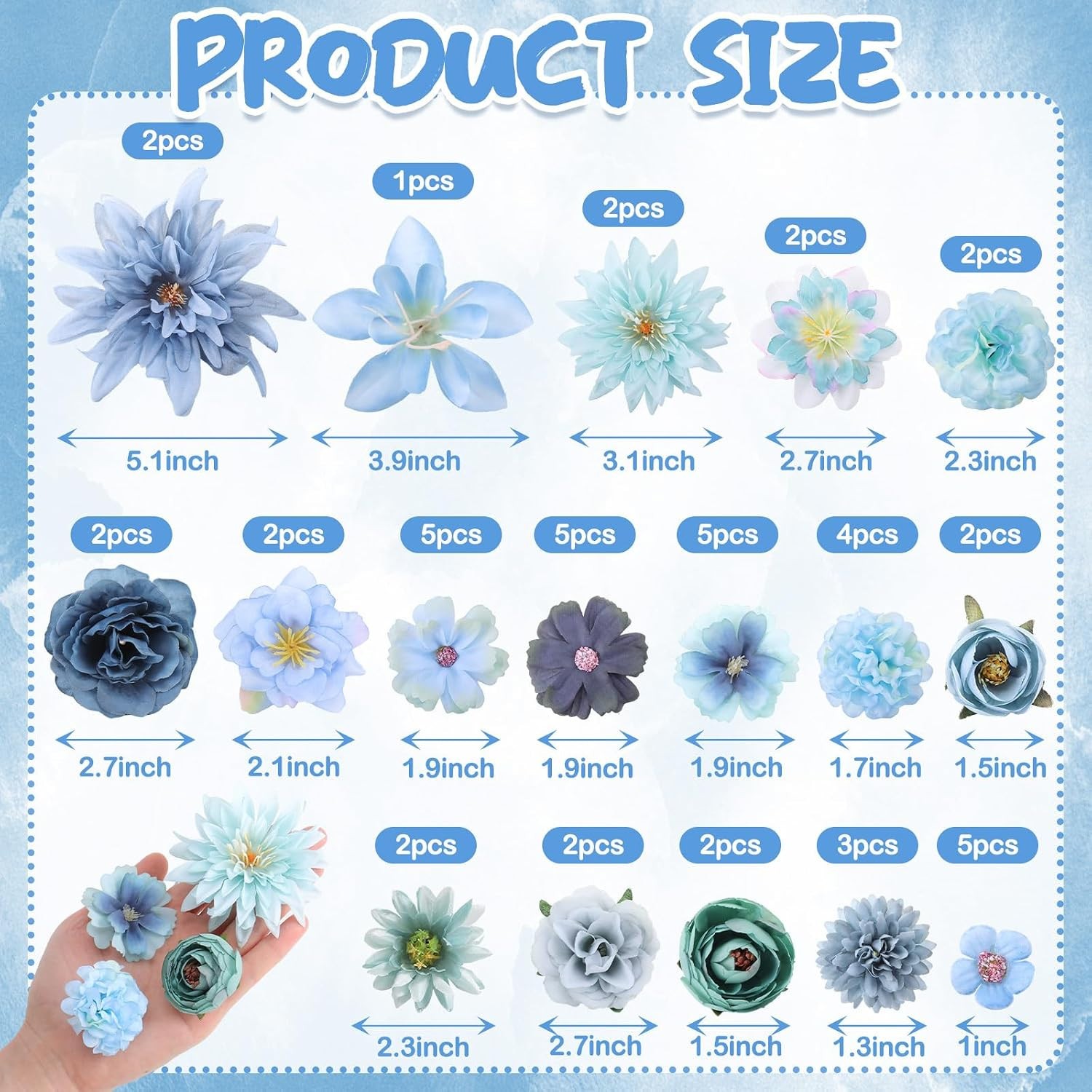 48 Pcs Blue Flower Heads Bulk for Cake Crafts Faux Artificial Heads Silk Fake Fl