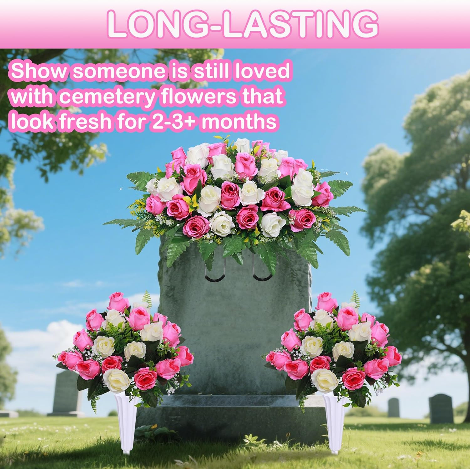 3 Pcs Artificial Cemetery Flower Saddles, Rose Headstone Flower Saddle,Cemetery