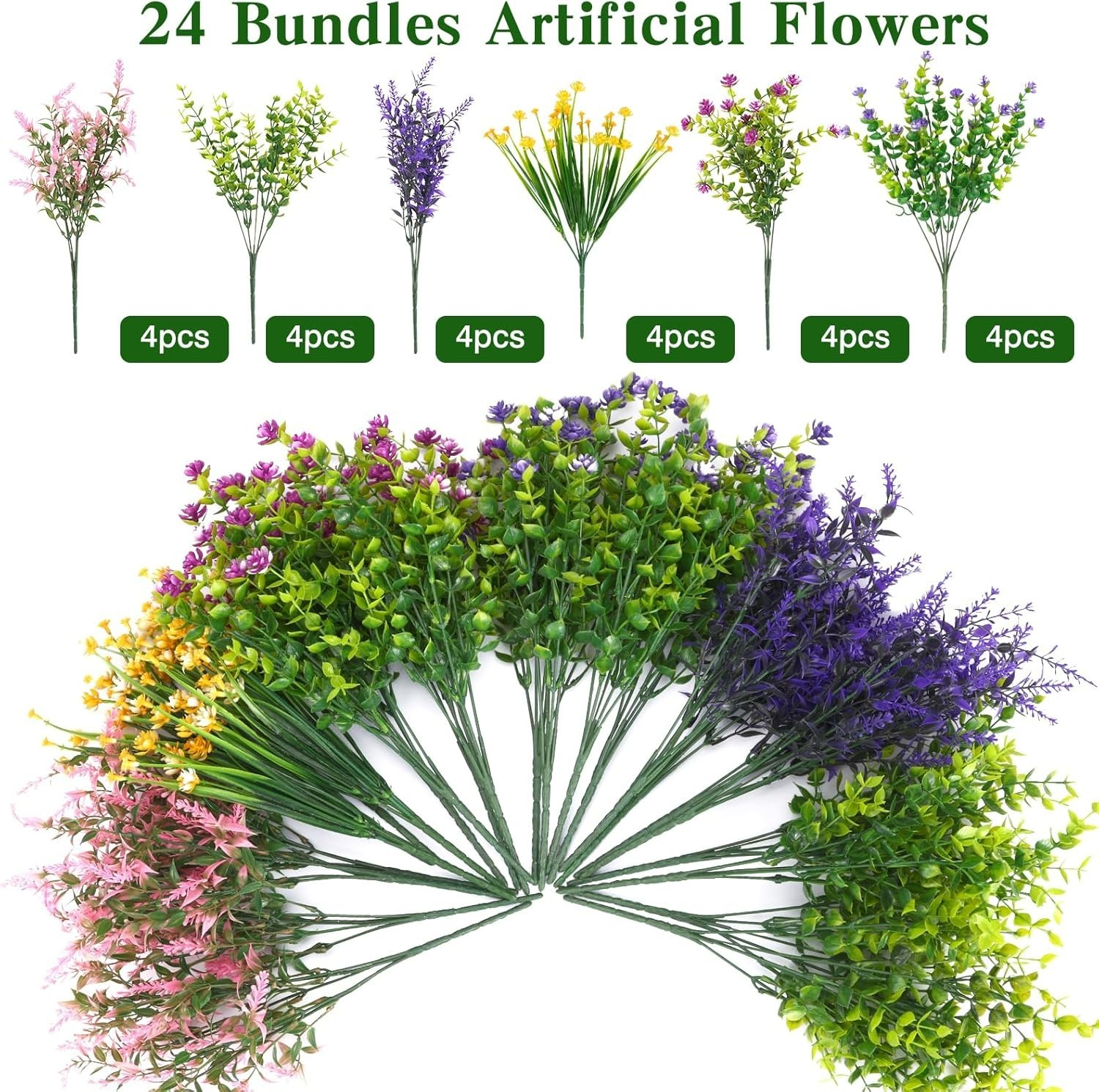 Lifelike UV Resistant Silk Flowers – 24 Bundles for Indoor & Outdoor Elegance
