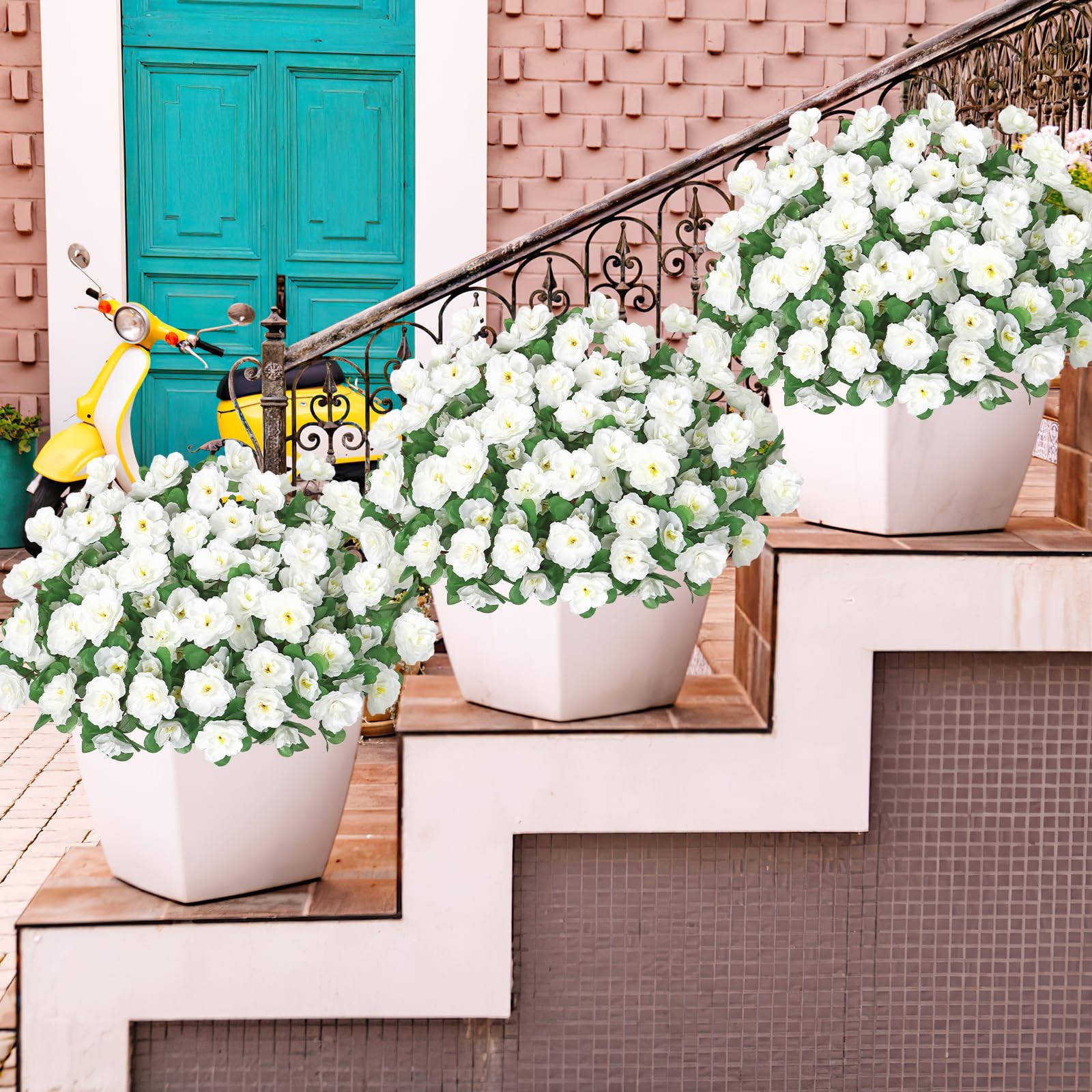 6 Bundles Artificial Fake White Flowers Plants for Outdoor Outside, Faux Silk…