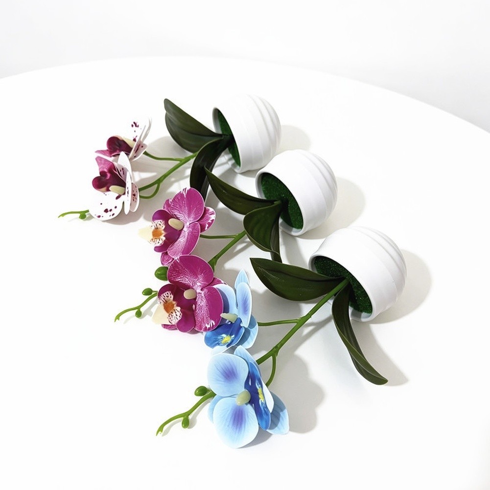 Faux 2-Head Orchid in Striped Pot 6.9 in Tall Realistic Plastic Flower