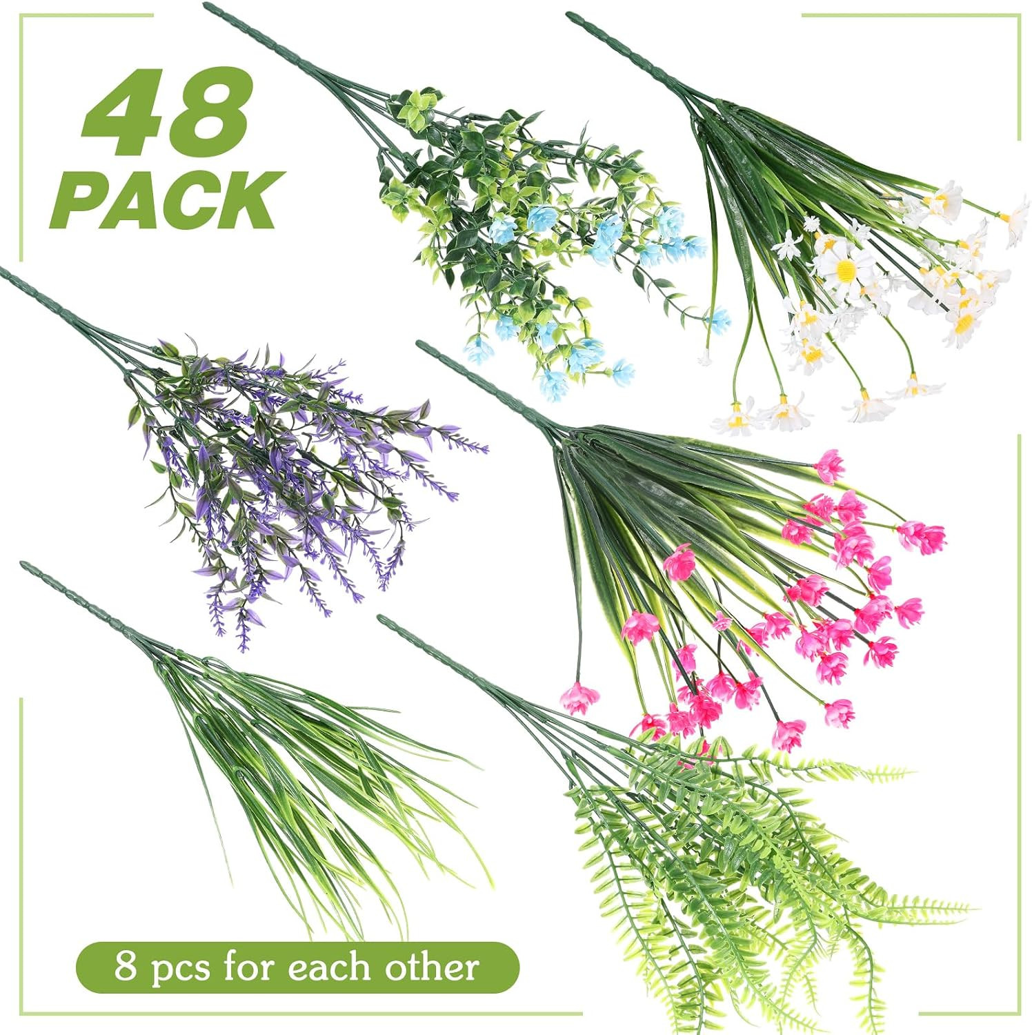 48 Pcs UV Resistant Artificial Flowers for Outdoor Indoor Decor – Blue & Pink