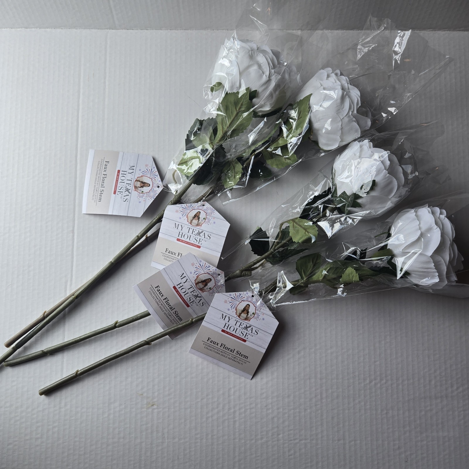 My Texas House Faux Floral Stems, 4 White Peony Artificial Flowers, NEW