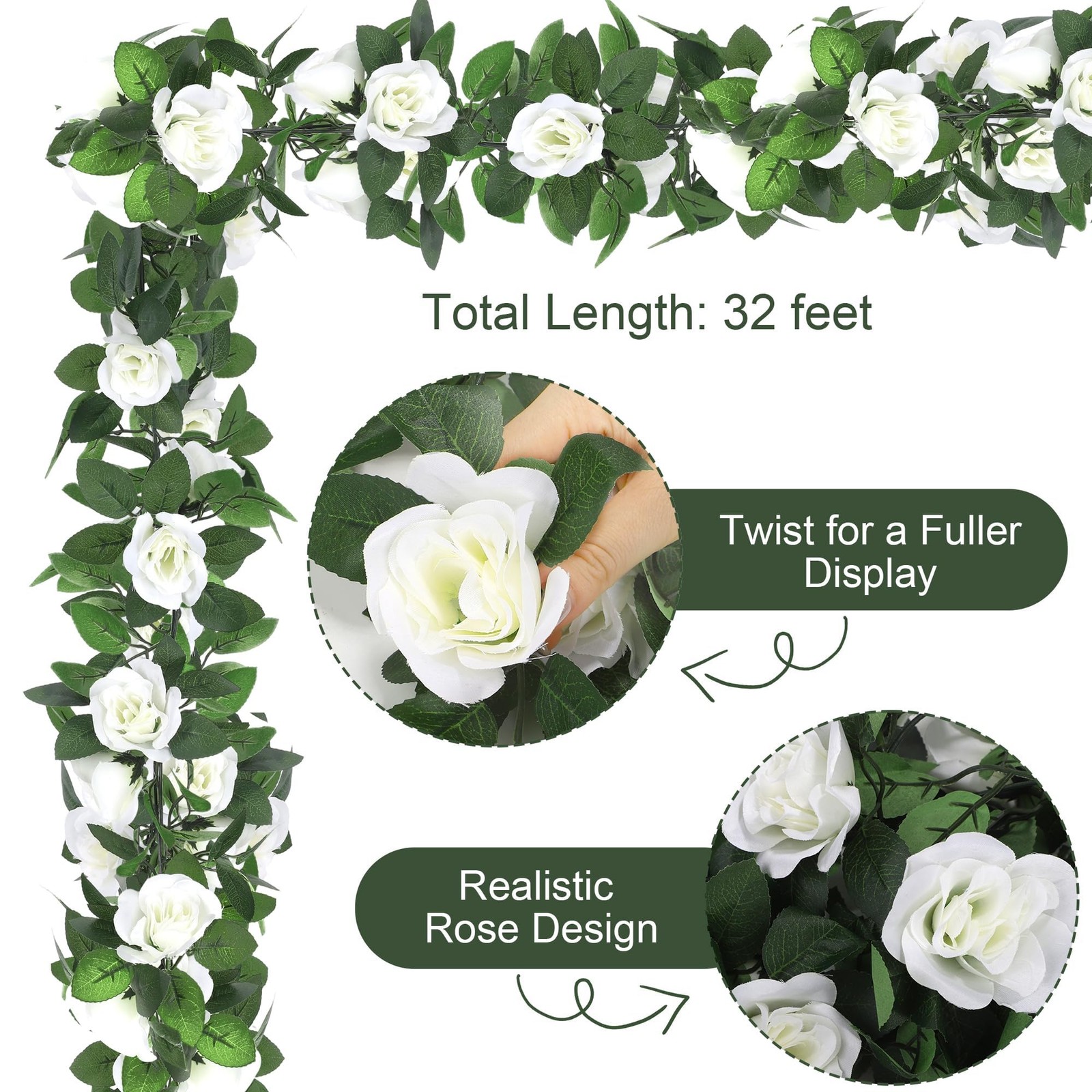 4 Pack 32 FT White Flower Artificial Rose Vines Roses Fake Vine Flowers Plant…