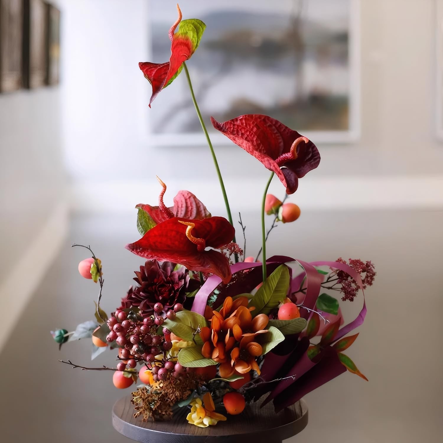 30″ Artificial Anthurium Lily Flowers 3pcs Red Fake Tropical Flowers for Vase…