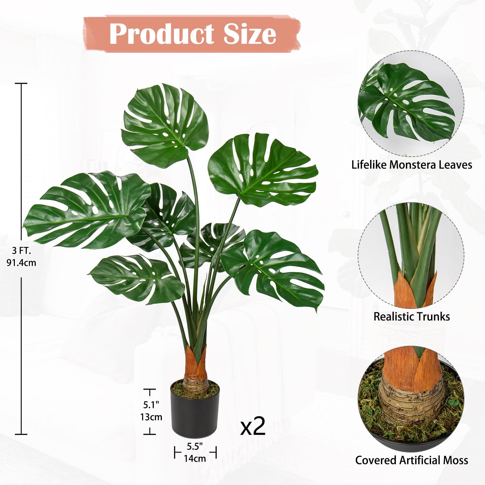 New Best 2Pack Large Fake Plant 36″ Faux Monstera UV Resistant Floor Realistic