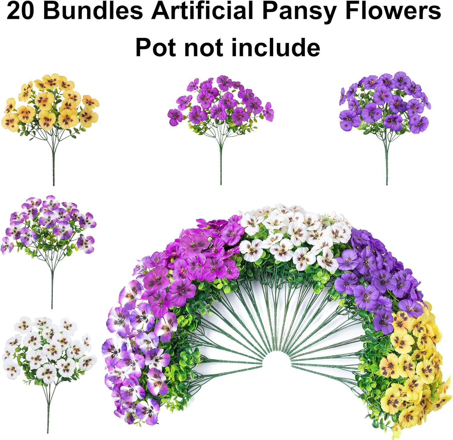 20PCS Artificial Fake Pansy Flowers for Outdoor Spring Summer Decor, Faux Silk M