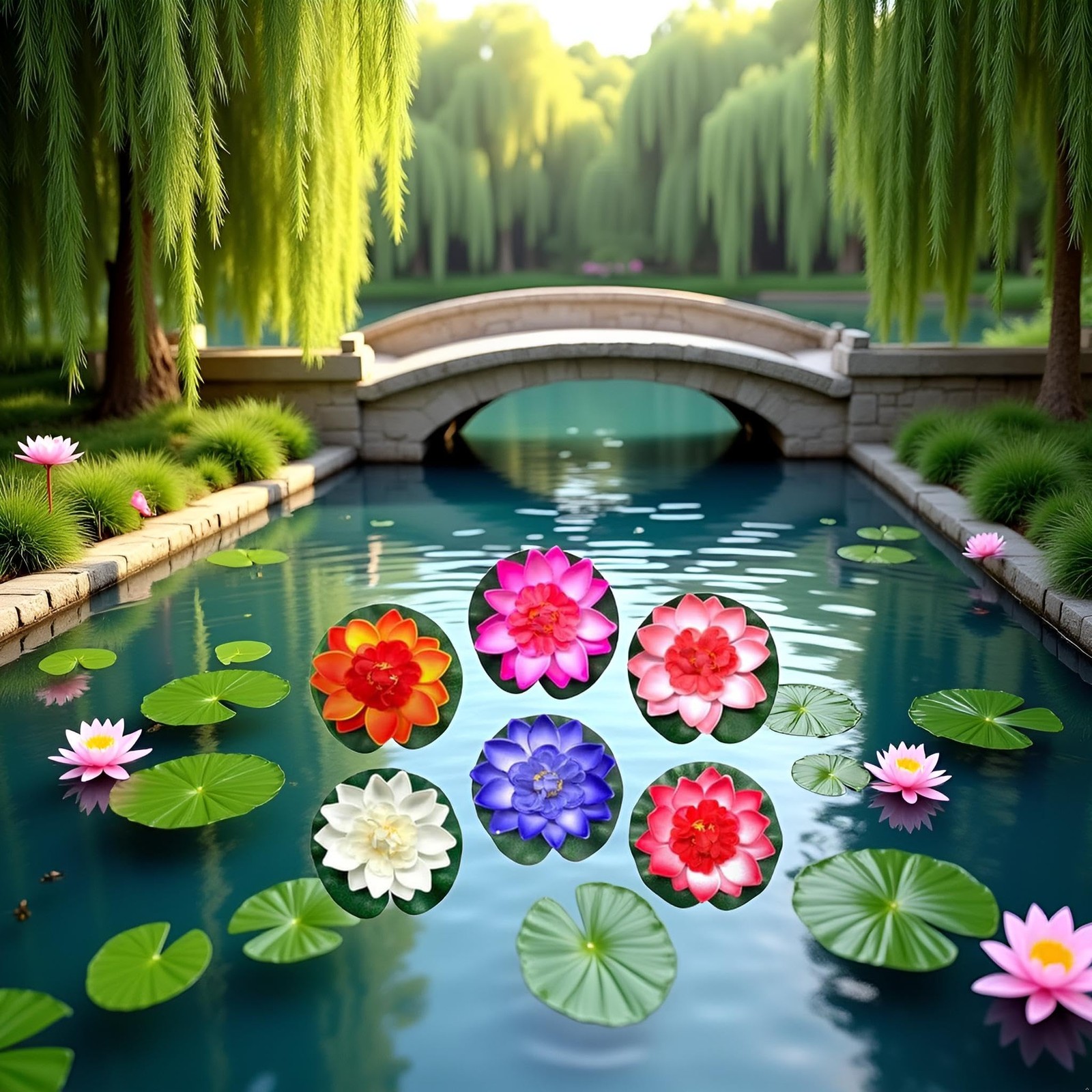 6 Pcs Large Floating Lotus Flowers Faux with Artificial Lily Pads, Artificial.