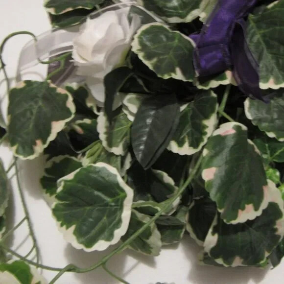 Handmade White Silk Flower Decoration on Purple Wood Wall Art Wedding Ivy 14×17
