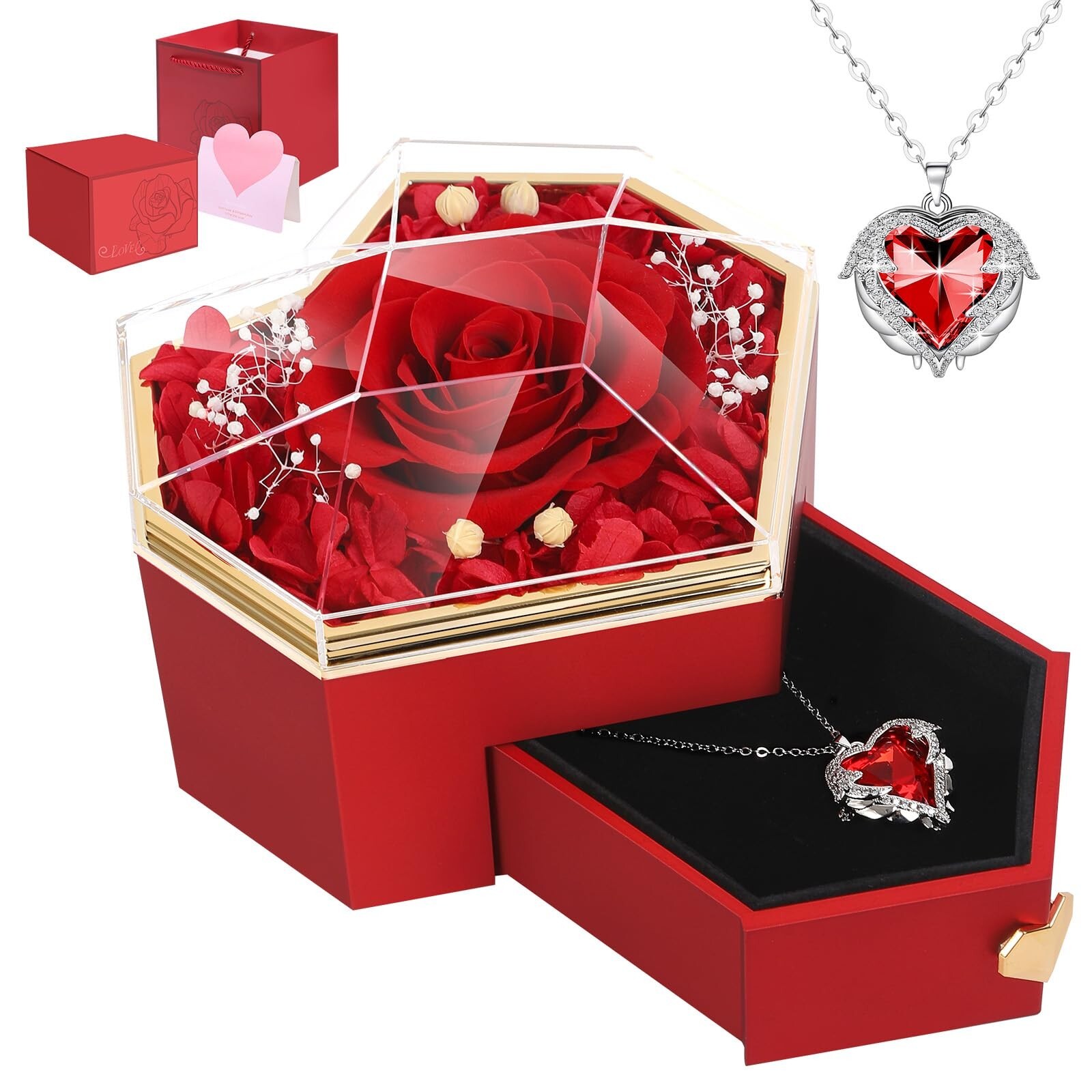 Preserved Red Real Rose with Necklace Forever Flowers Diamond Shaped Box for …