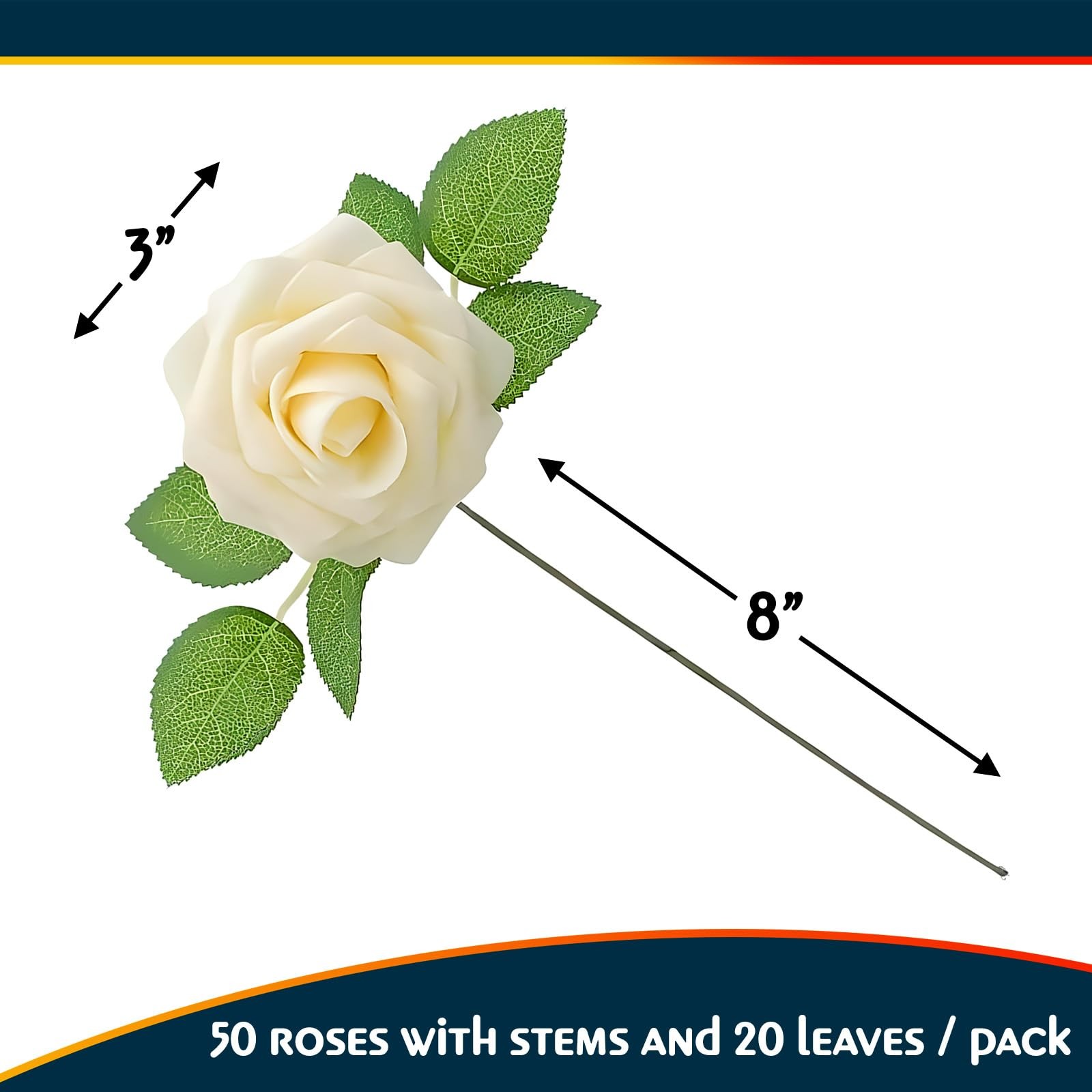RCZ Décor Artificial Ivory Foam Roses with Stems & Leaves – Pack of 50, Perfect