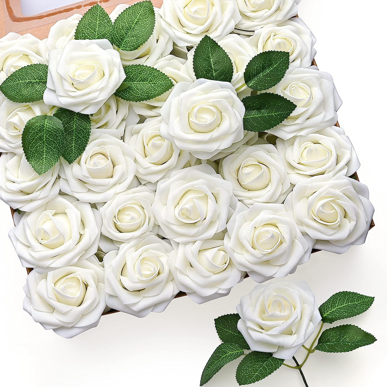 50Pcs Real Touch White Rose Artificial Flowers for Wedding & Party Decor