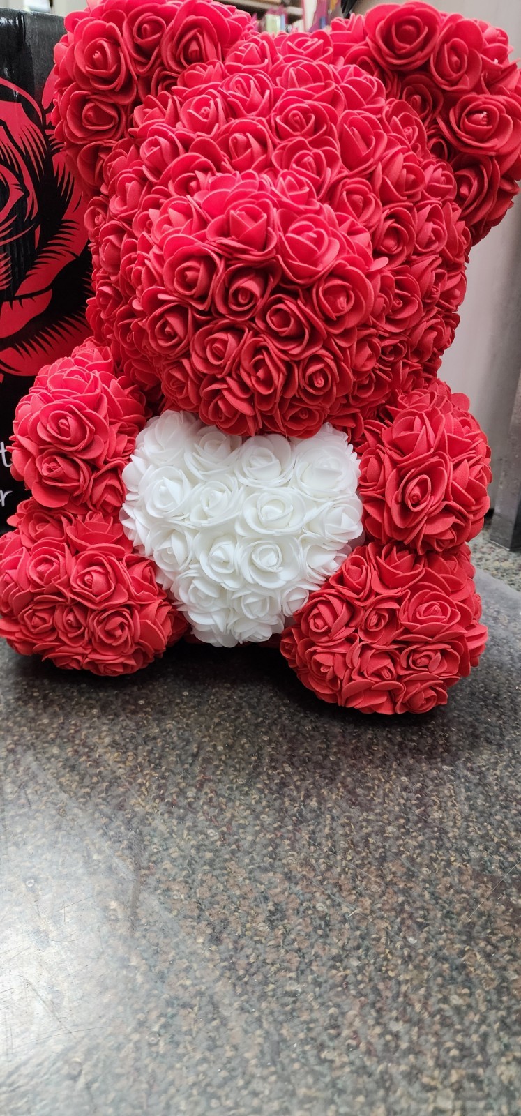 Red Rose Teddy Bear with White Heart – 13″ Artificial Foam Flower Gift – Romanti