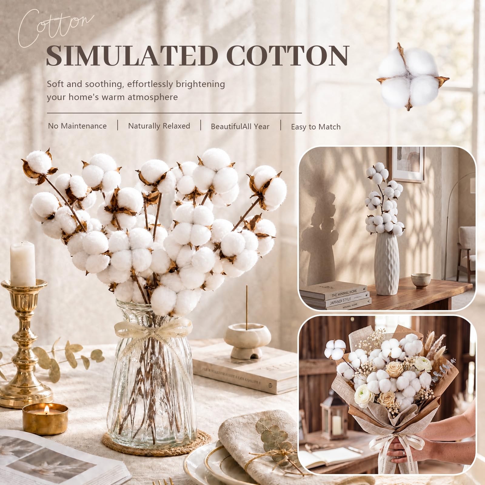 24 Pcs Natural Cotton Stems with 45 Bolls, 16″ Clean Dried Cotton Branches 3 …
