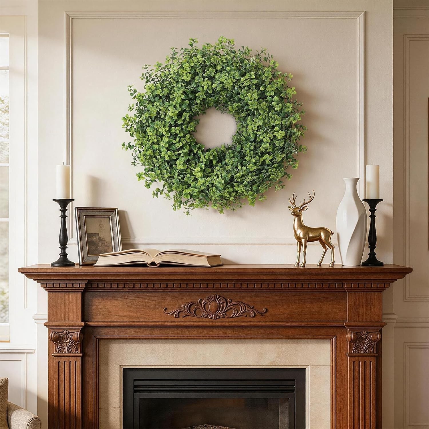 26 Inch Artificial Mint Leaves Wreath Faux Plant Door Decor