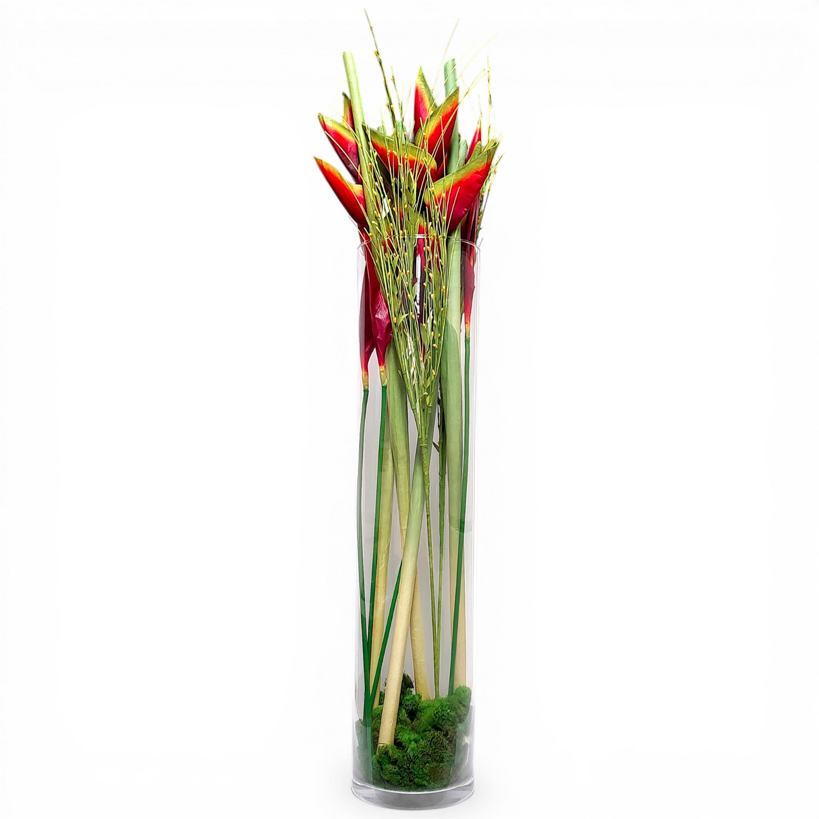 37″ Realistic Heliconia Iris Red Arrangement In Clear Glass Cylindar Floor Vase