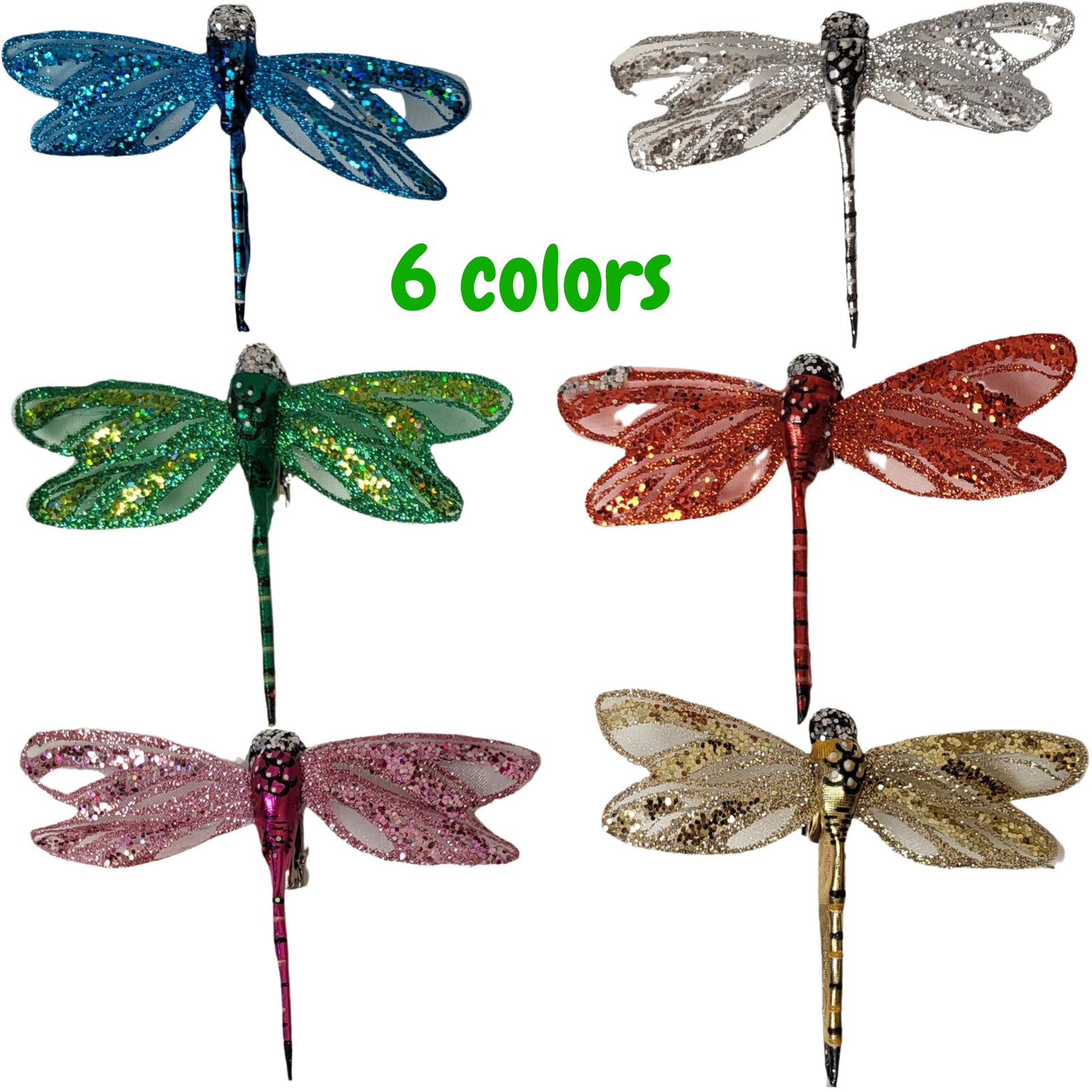 Dragonfly Clip Ons Set of 12, Multicolor Glitter Dragonfly Decorations with M…