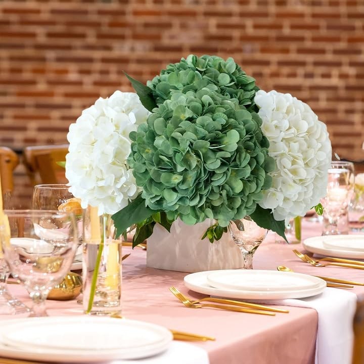 JINWOE Dark Forest Green Silk Hydrangea Artificial Flowers, 4Pcs 22Inch Full