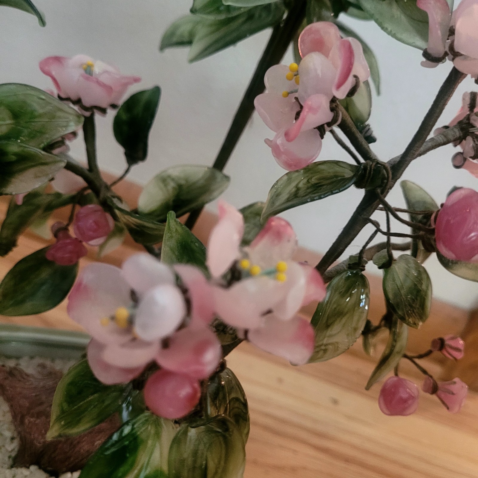 Vintage Chinese Glass Stone Jade Cherry Blossom Bonsai Tree Pink Flowers 14″