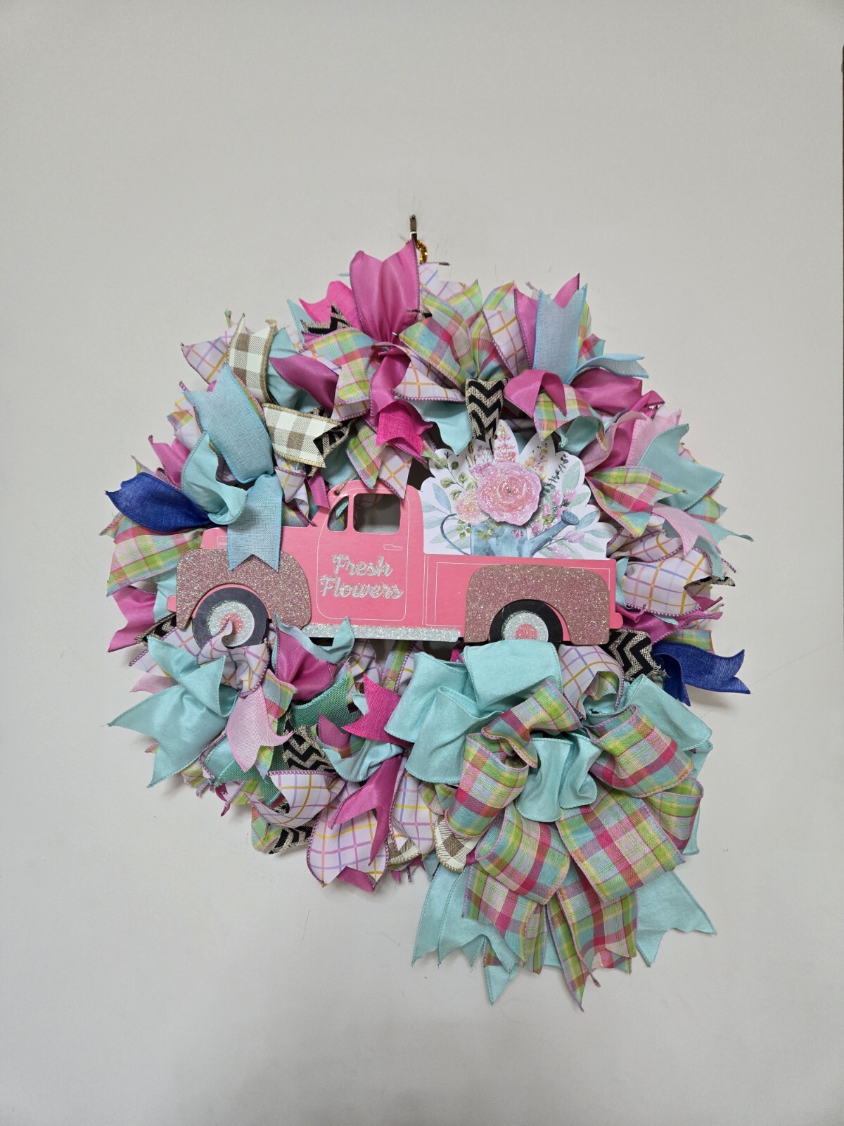 FRESH FLOWERS pink Truck WREATH Spring SUMMER Fall Front Door Wall Decor BIG BOW